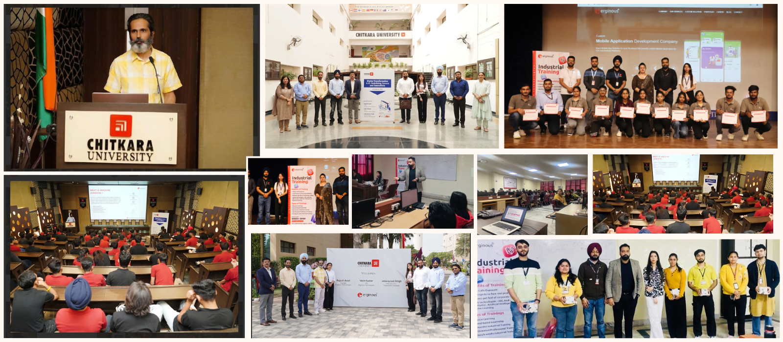 Industrial training program at Chitkara University by Erginous Technologies students attending expert-led sessions and receiving certifications.